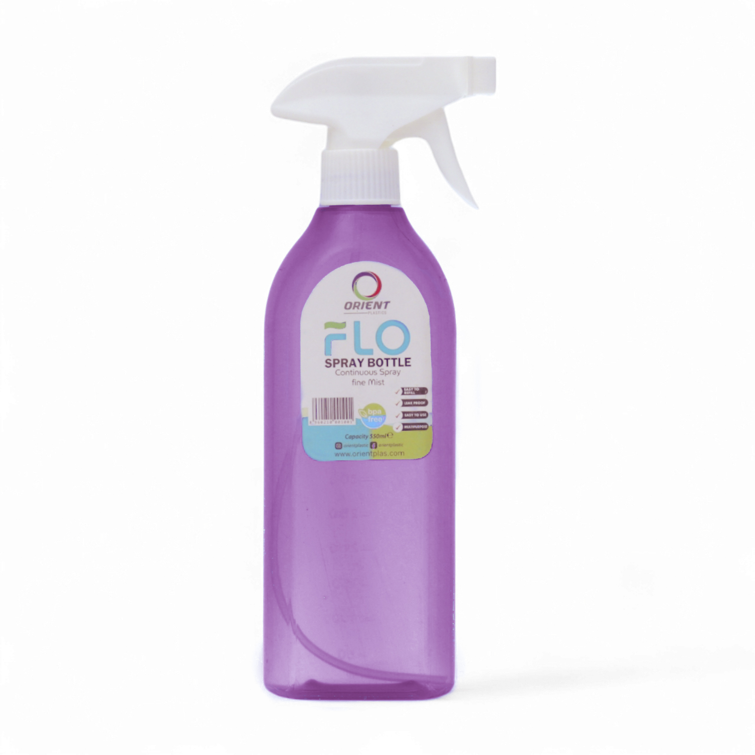 Purple plastic spray bottle with trigger nozzle on white background